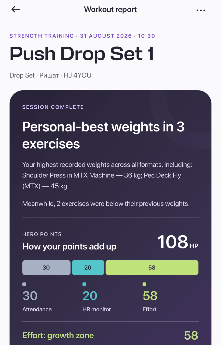 HJ post-workout report showing personal-best weights and a breakdown of 108 Hero Points into attendance, heart-rate monitor and effort.